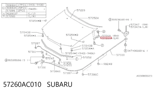 Bisagra izquierda del capó 57260AC010 Subaru