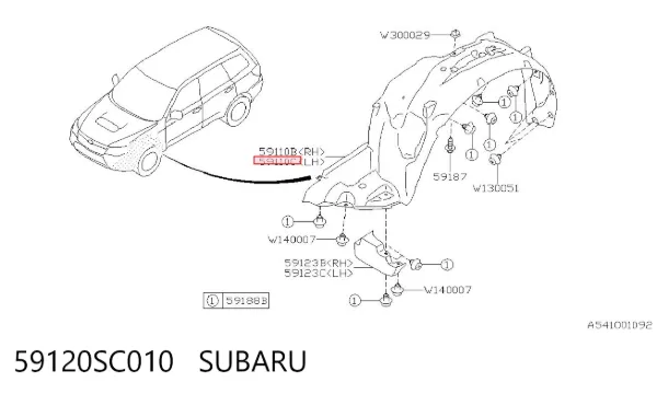 Guardalodos interior izquierdo, guardafango delantero 59120SC010 Subaru