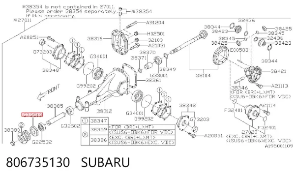 Retén del piñón del diferencial trasero 806735130 Subaru