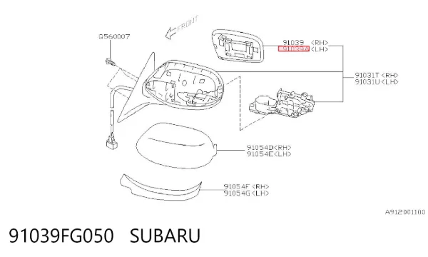 Cristal de espejo retrovisor exterior izquierdo 91039FG050 Subaru