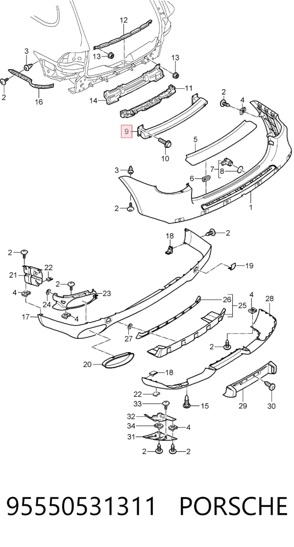 Refuerzo parachoques trasero 95550531311 Porsche