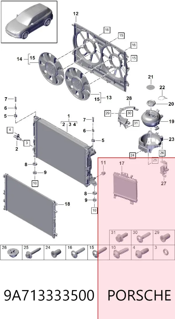 Acoplamiento del radiador de refrigeración 9A713333500 Porsche