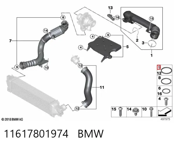 Junta tórica del tubo del intercooler 11617801974 BMW