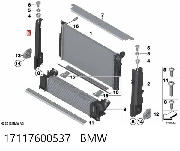 Soporte derecho del radiador 17117600537 BMW
