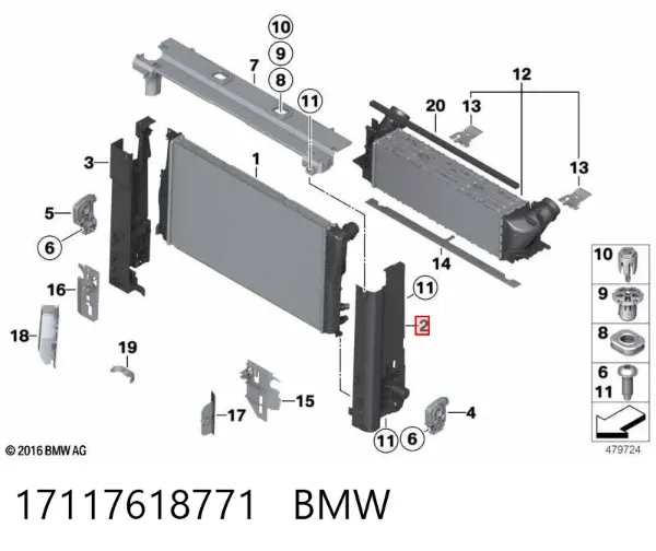 Soporte izquierdo del radiador 17117618771 BMW