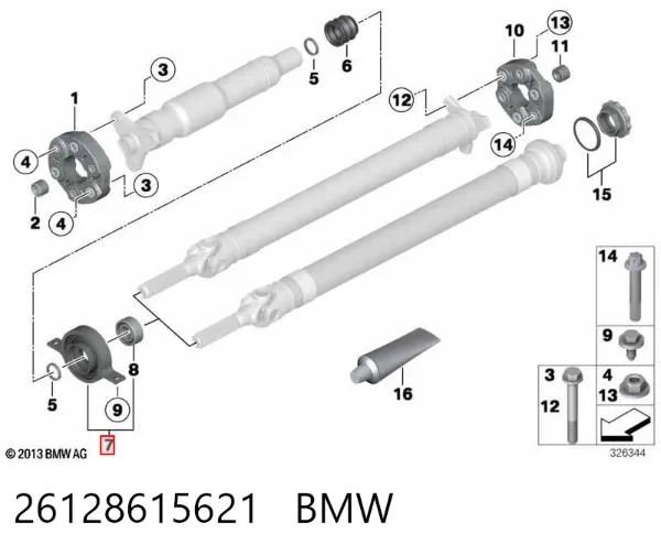 Rodamiento central del eje de transmisión 26128615621 BMW