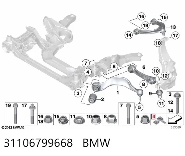 Tuerca del perno de fijación del brazo delantero inferior 31106799668 BMW