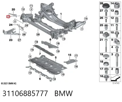 Perno de fijación del brazo oscilante delantero BMW 31106885777