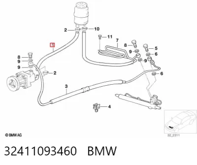 Manguera de baja presión de dirección asistida, del depósito a la bomba BMW 32411093460