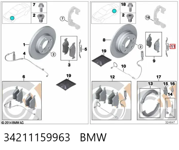 Juego de resortes de sujeción de pastillas de freno traseras 34211159963 BMW