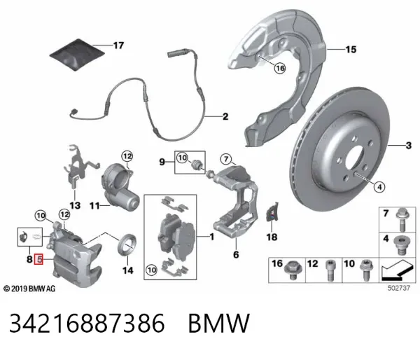 Pinza de freno trasera derecha 34216887386 BMW
