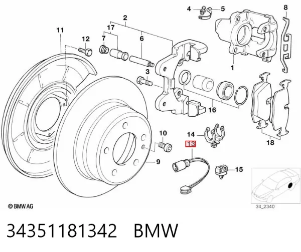 Sensor de desgaste de pastillas de freno trasero 34351181342 BMW