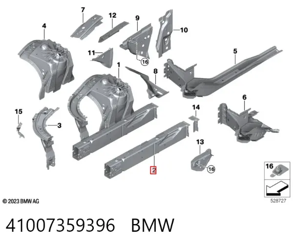 Larguero delantero derecho del bastidor 41007359396 BMW