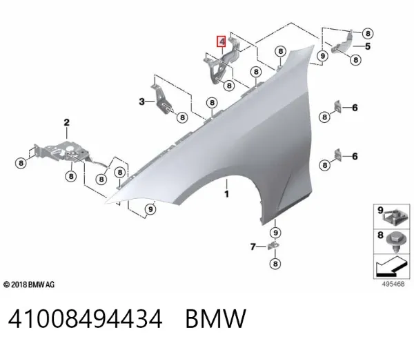 Soporte trasero de guardabarros delantero derecho 41008494434 BMW
