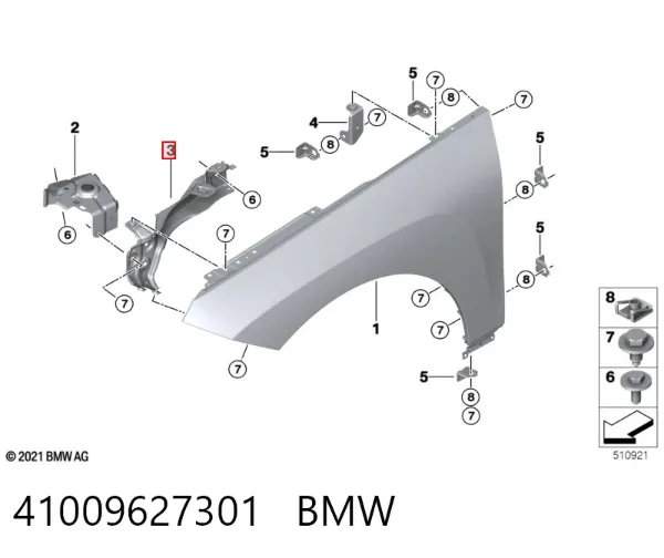 Soporte delantero izquierdo para aleta delantera 41009627301 BMW