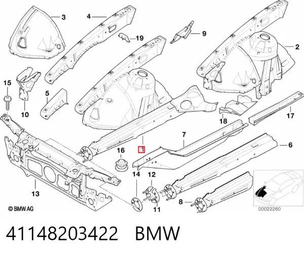 Larguero delantero derecho del bastidor 41148203422 BMW