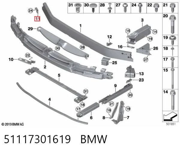 Soporte de parachoques delantero 51117301619 BMW