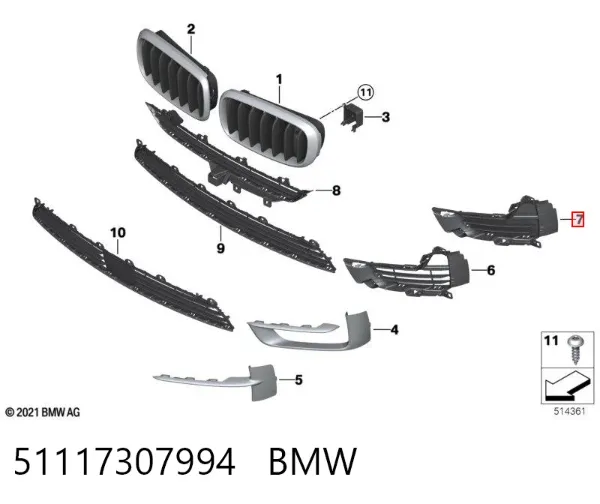 Rejilla inferior derecha del parachoques delantero 51117307994 BMW