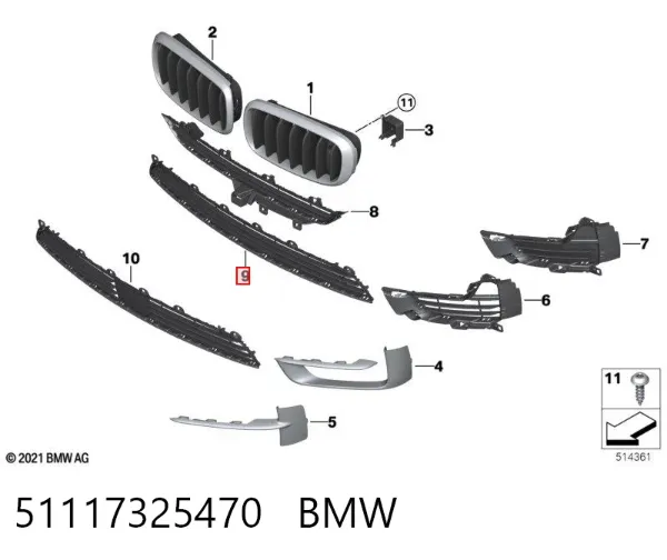 Rejilla inferior del parachoques delantero 51117325470 BMW