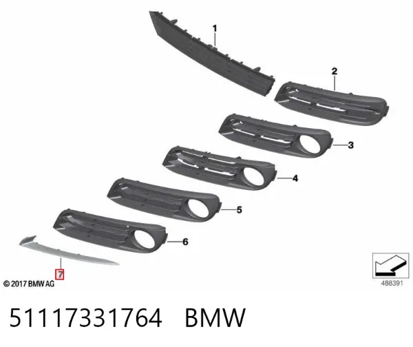 Moldura de rejilla de parachoques delantero derecho 51117331764 BMW