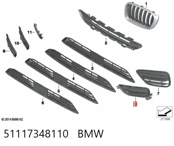 Rejilla derecha del parachoques delantero 51117348110 BMW