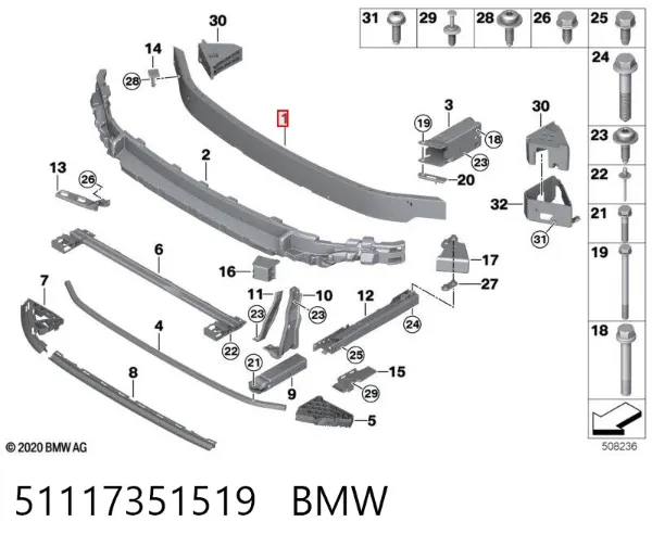 Refuerzo parachoque delantero 51117351519 BMW