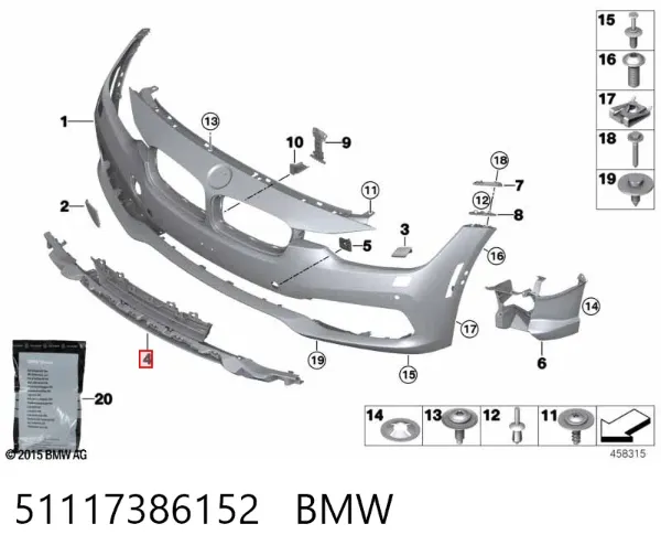 Rejilla inferior del parachoques delantero 51117386152 BMW