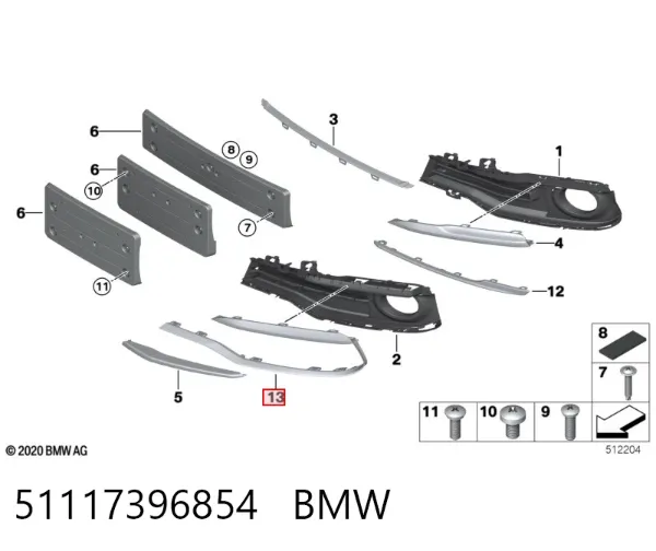 Moldura de rejilla de parachoques delantero derecho 51117396854 BMW