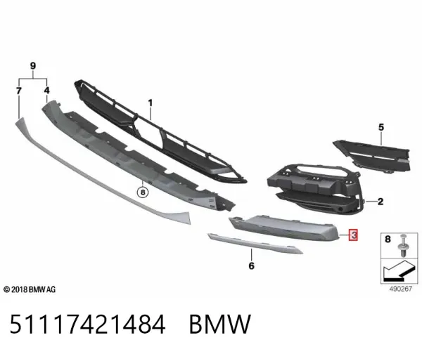 Moldura de rejilla de parachoques delantero derecho 51117421484 BMW