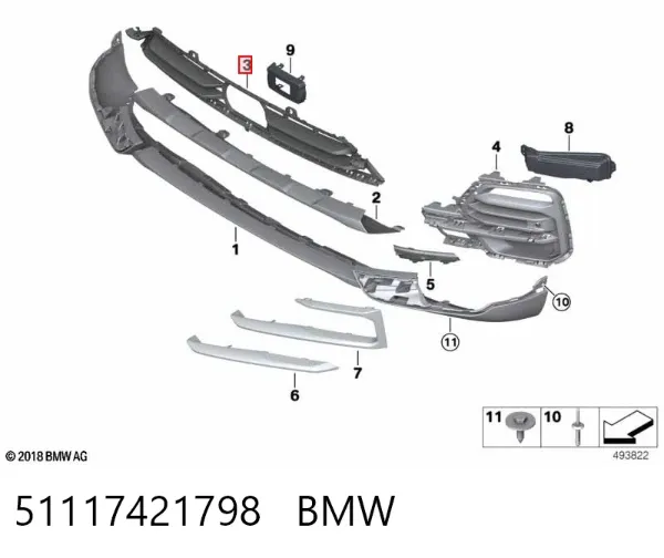Rejilla inferior del parachoques delantero 51117421798 BMW