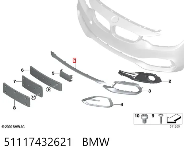Moldura central del parachoques delantero 51117432621 BMW