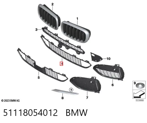 Rejilla inferior del parachoques delantero 51118054012 BMW