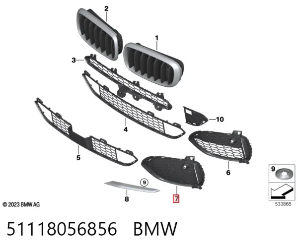 Rejilla derecha del parachoques delantero 51118056856 BMW