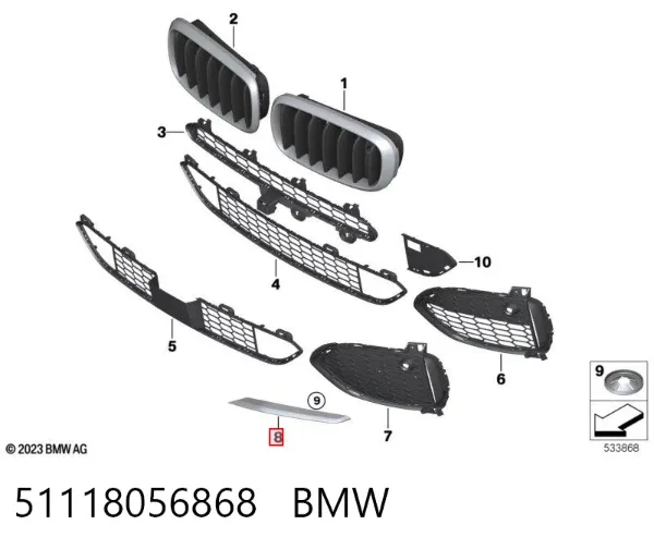 Moldura de rejilla de parachoques delantero derecho 51118056868 BMW