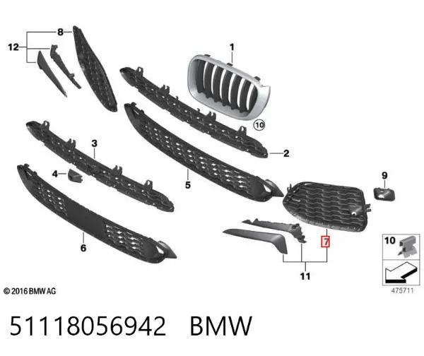 Rejilla derecha del parachoques delantero 51118056942 BMW