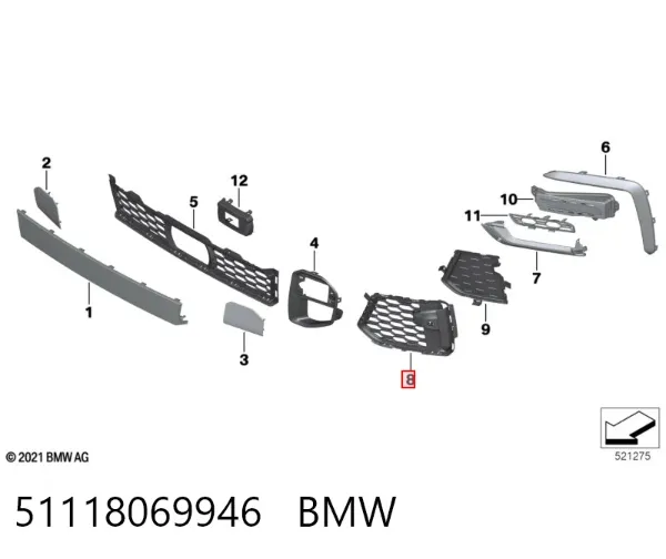 Rejilla derecha del radiador 51118069946 BMW