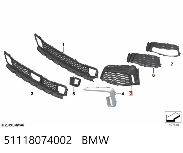 Rejilla derecha del parachoques delantero 51118074002 BMW