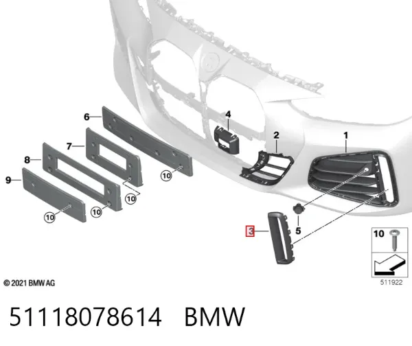 Moldura de rejilla de parachoques delantero derecho 51118078614 BMW