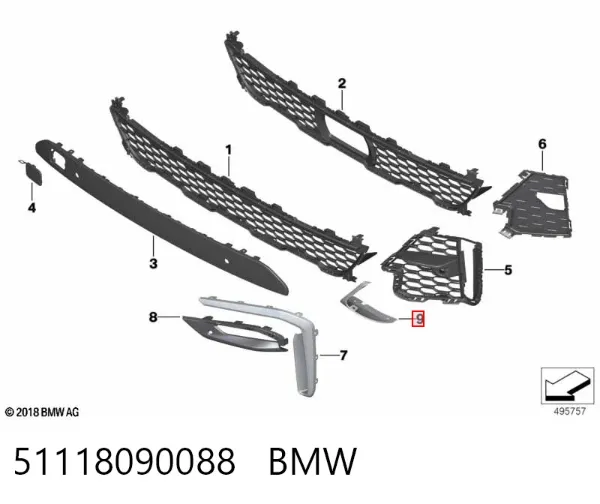 Moldura de rejilla de parachoques delantero derecho 51118090088 BMW