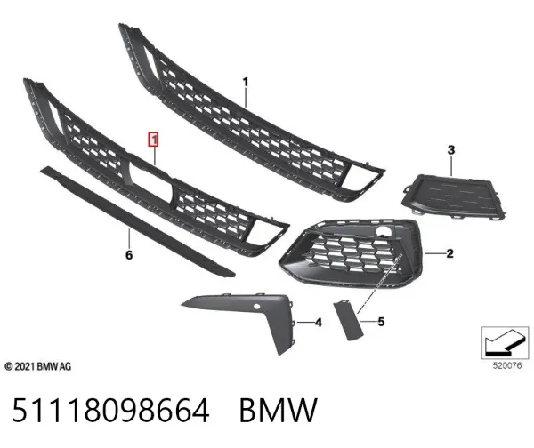 Rejilla inferior del parachoques delantero 51118098664 BMW