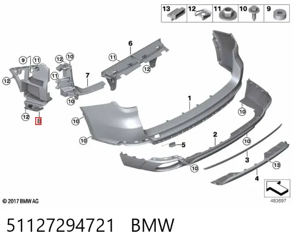 Soporte exterior izquierdo del parachoques trasero 51127294721 BMW