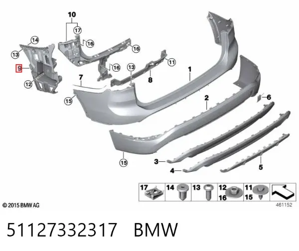 Guía izquierda del parachoques trasero 51127332317 BMW