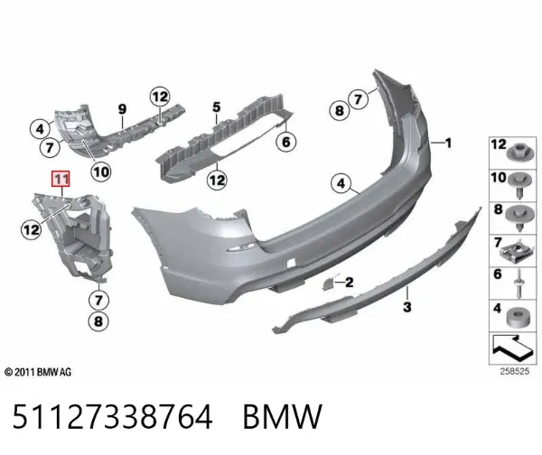 Guía derecha del parachoques trasero 51127338764 BMW