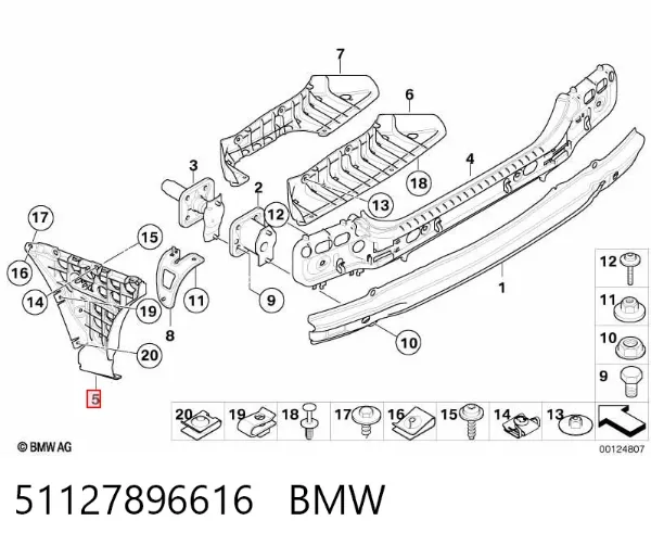 Guía derecha del parachoques trasero 51127896616 BMW