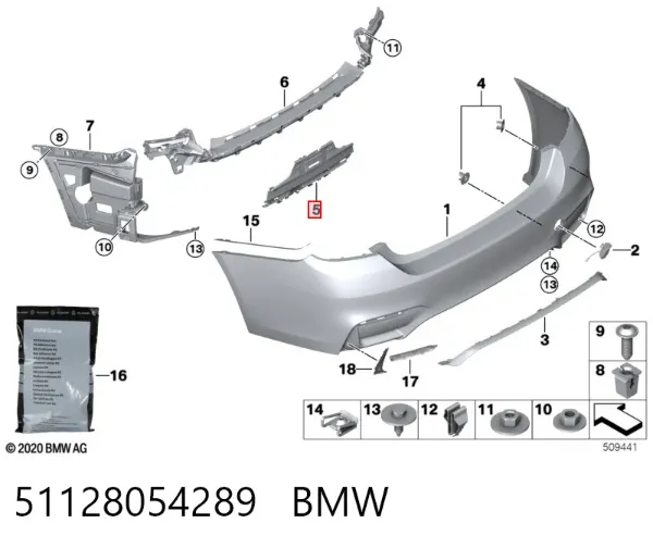 Soporte central del parachoques trasero 51128054289 BMW