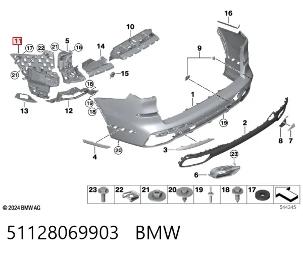 Guía izquierda del parachoques trasero 51128069903 BMW
