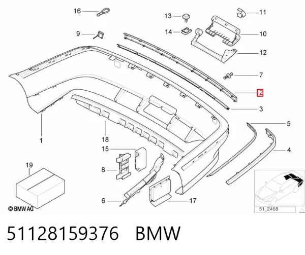 Moldura central del parachoques trasero 51128159376 BMW