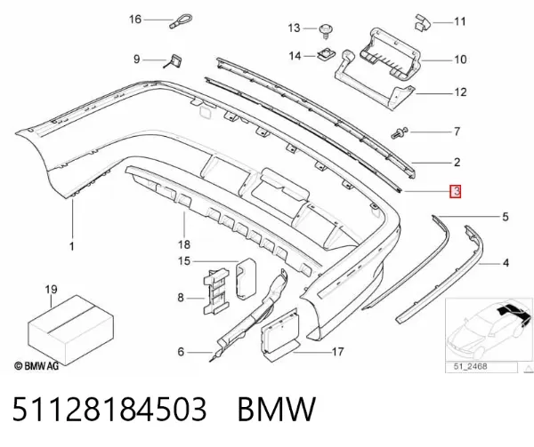 Embellecedor central del parachoques trasero 51128184503 BMW