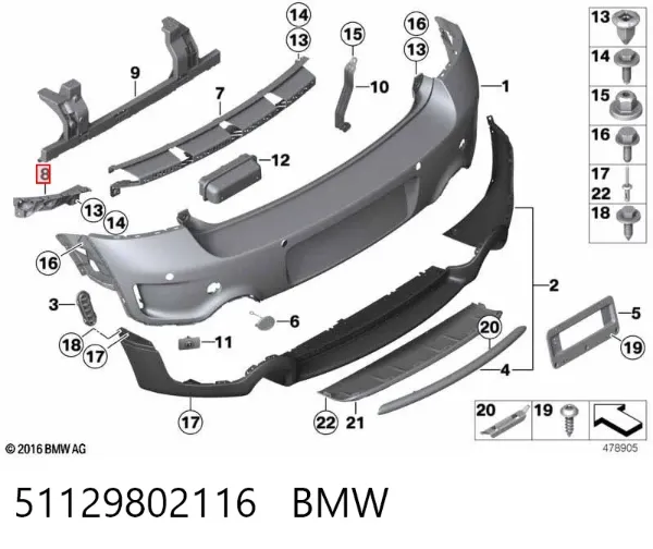Guía derecha del parachoques trasero 51129802116 BMW