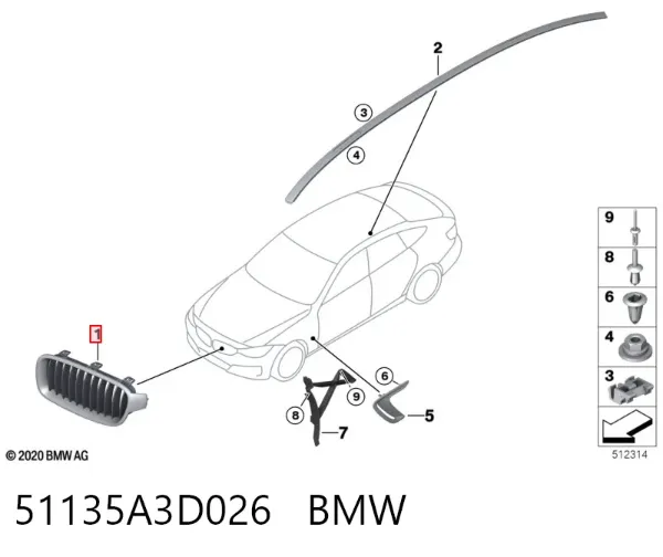 Rejilla derecha del radiador 51135A3D026 BMW